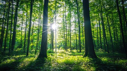 Obraz premium Sunlight Filtering Through Lush Green Trees in a Serene Forest Landscape Creating a Peaceful Natural Atmosphere