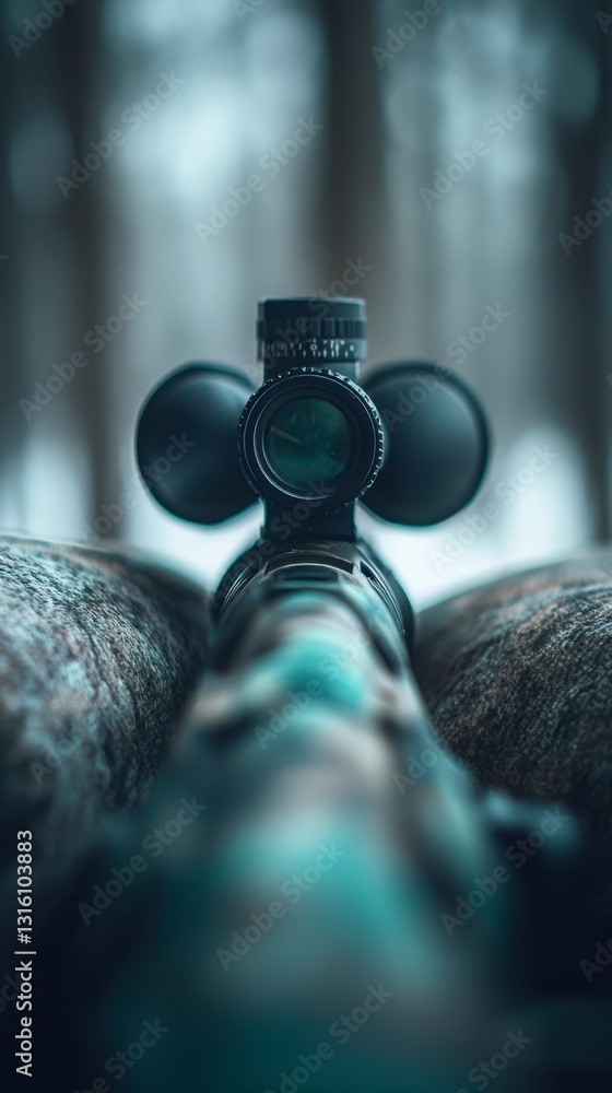 Poster close up view of a rifle scope with a blurry snowy forest background. the rifle is resting on a camo