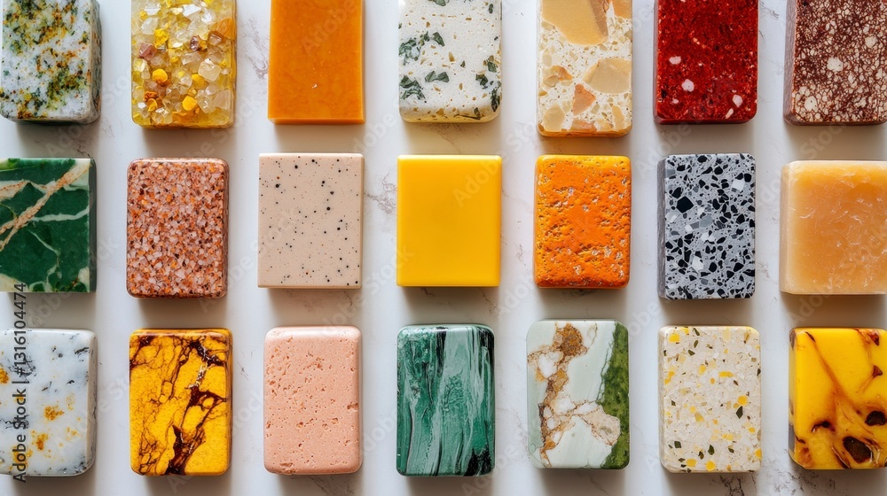 Poster overhead shot of artisan soap bars in various colors and patterns arranged on a white background. th