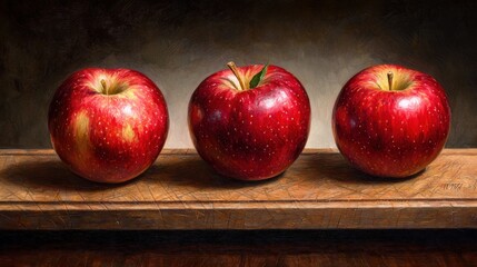 Three ripe red apples on wooden surface.