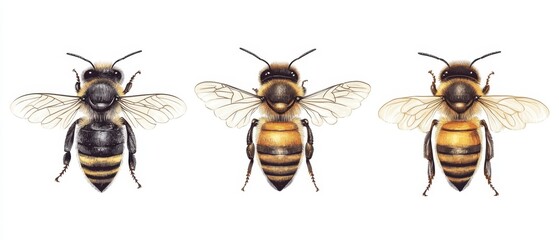 Three honeybees in a row illustration on white background depicting insect anatomy and detailed wing venation in a vintage style