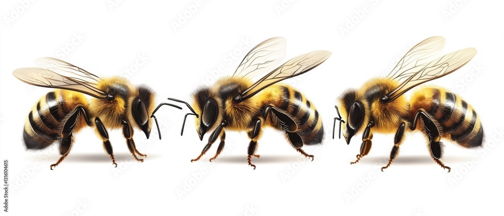 Poster three detailed honey bees standing in a row on a white background macro photography style with brigh