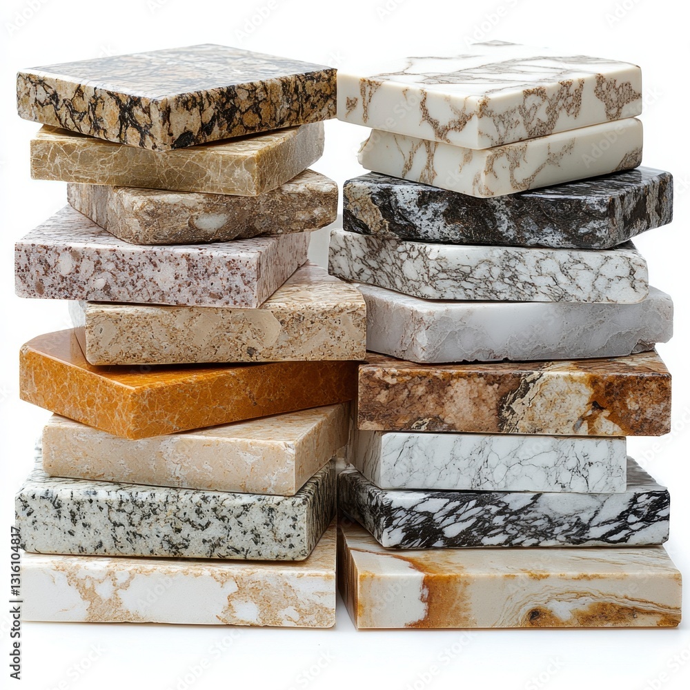 Aufkleber two stacks of various granite and marble countertop samples on white background. different colors an
