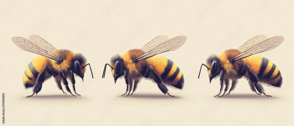 Poster Three honeybees in a row with yellow and black stripes on a light background in a studio shot with a side view and a minimalist style