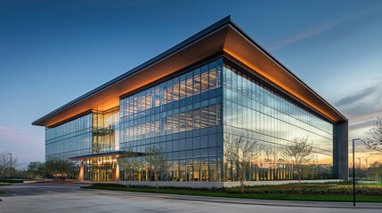 Obraz premium Modern glass office building at sunset. (1)
