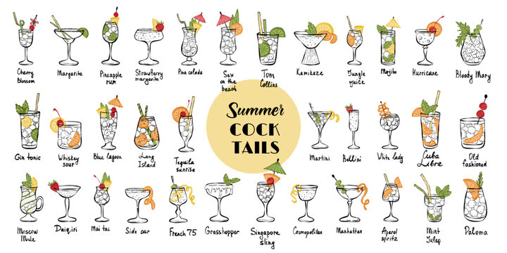 Classical cocktails crayon minimalist drawings. Modern simple drinks collection . Paloma, Long Island, Blue lagoon, Old fashioned, Aperol spritz.  Restaurant menu icons.