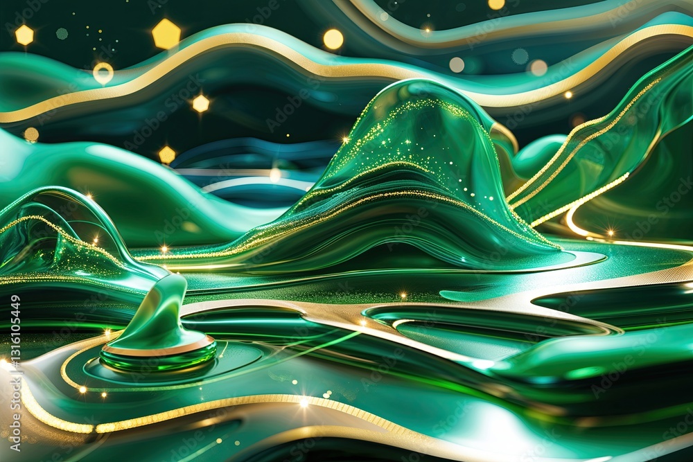 Poster luxurious 3d emerald terrain with flowing layered shapes and glimmering lines for contemporary desig