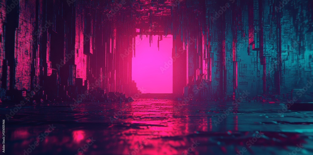 Poster a distorted digital signal forms a grunge texture background filled with pink and purple glitches