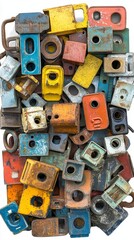 Fototapeta premium A vibrant pile of multicolored, rusty metal blocks with various shapes and holes. The blocks are layered and overlapping, creating a textured surface with a mix of colors and textures.