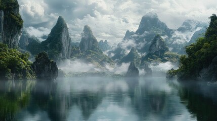 Misty mountain lake landscape with reflection.