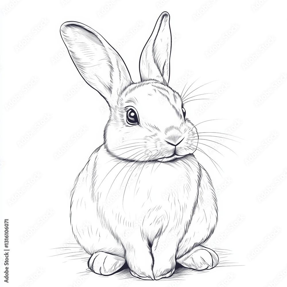 Poster a rabbit is sitting on the ground with its head up. the rabbit is looking at the camera, and it is c