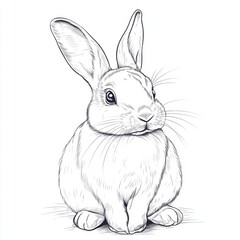 Fototapeta premium A rabbit is sitting on the ground with its head up. The rabbit is looking at the camera, and it is curious or interested in something. The image has a calm and peaceful mood