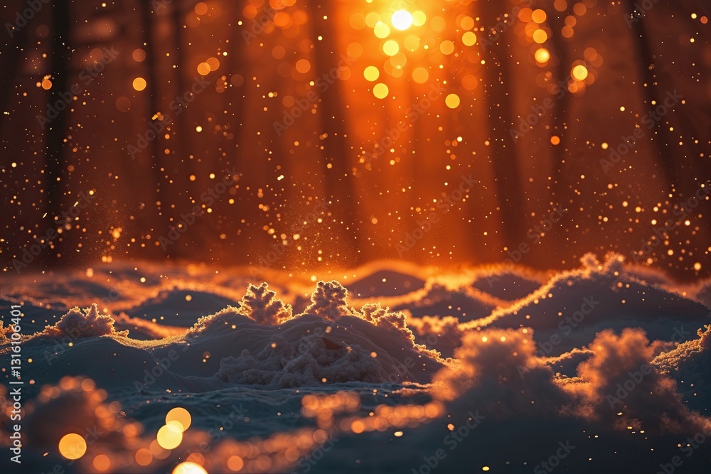 Poster rustic orange background with flickering snowflakes and soft warm glow