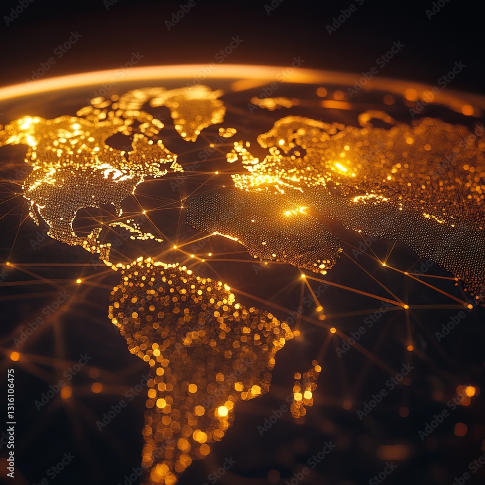 Poster a captivating illuminated world map showcasing golden lights interconnected by network lines, symbol