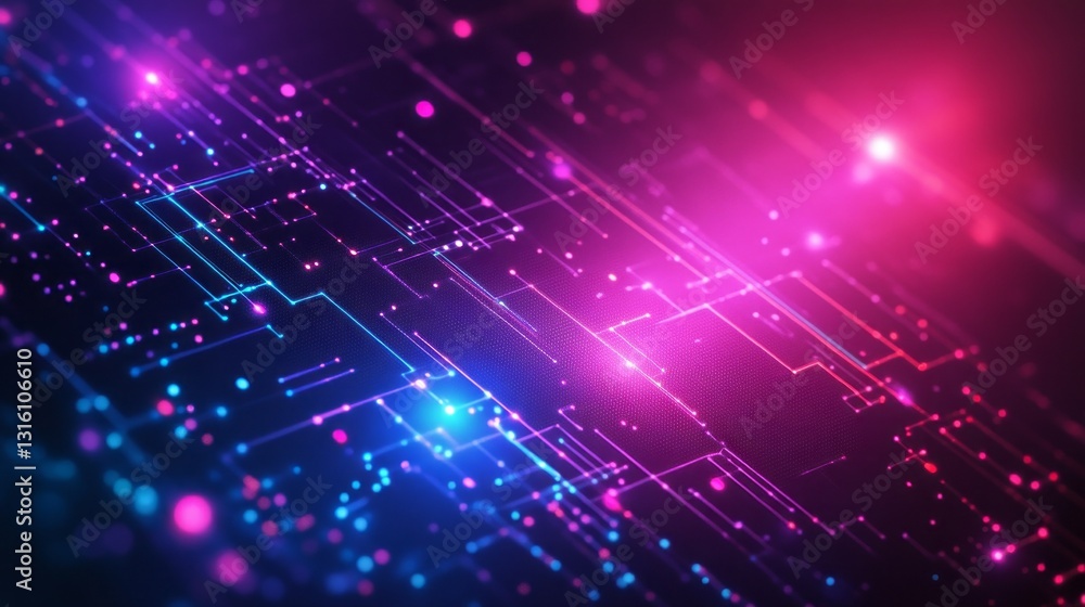Poster Colorful lights illuminate a digital terrain filled with complex patterns and glowing connections, resembling a futuristic network. The bright hues blend to create a mesmerizing ambiance