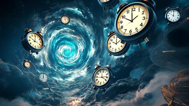 Ancient-style clocks hover in a stormy vortex tunnel, creating a dramatic and intense time-travel aesthetic.