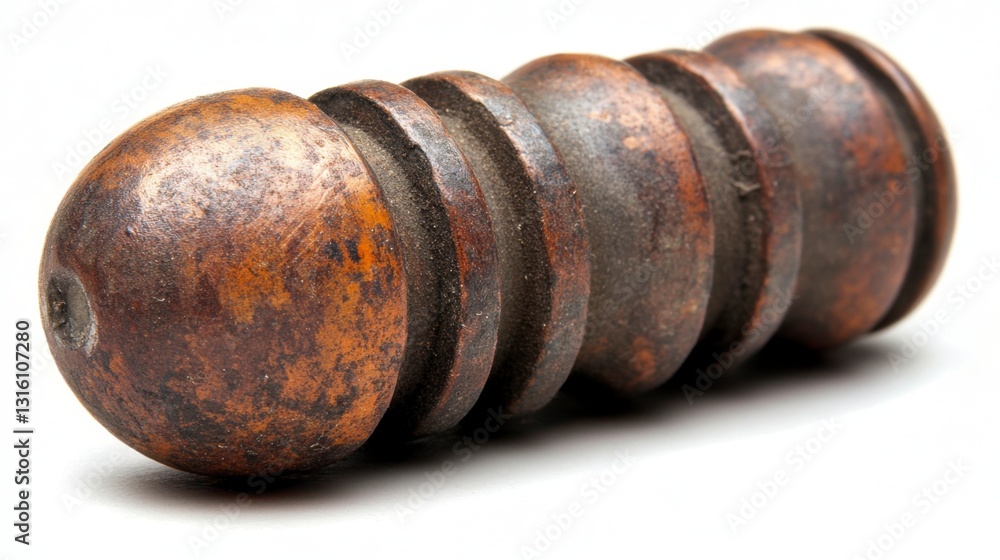 Poster close up view of a dark brown, wooden object with a segmented, rounded design. the object shows sign