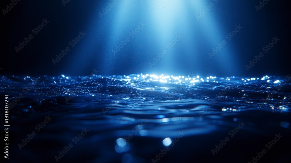 Poster dark blue water surface illuminated by a bright light source from above, creating sparkling reflecti
