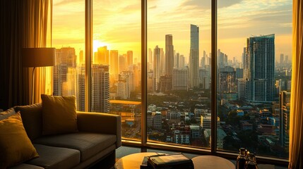 Golden hour sunset view from luxury apartment.