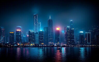 Fototapeta premium Stunning skyline of a modern city illuminated at night with vibrant lights and reflections in water