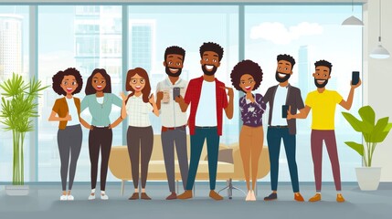 people group taking selfie photo on smartphone camera african american colleagues standing together modern office interior full length horizontal