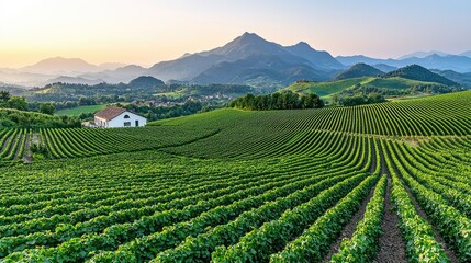 Scenic Vineyard Landscape at Sunset with Rolling Hills and Mountains in the Background