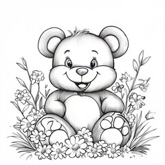 Obraz premium Cute teddy bear coloring page surrounded by simple flowers fun art for kids whimsical design playful vibe