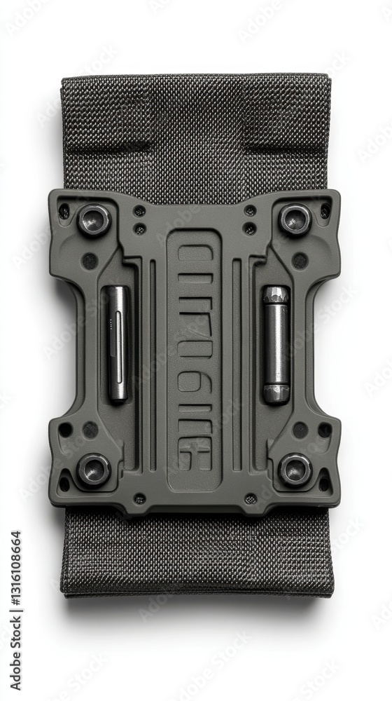 Poster close up view of a dark gray metallic device attached to a textured fabric band. the device has a re
