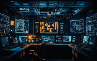 High-tech control room filled with monitors displaying data and graphics in a dark setting