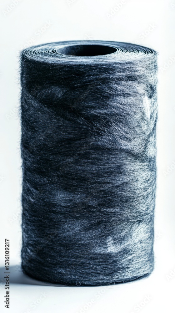 Poster close up view of a dark gray cylindrical roll of textured material against a bright white background