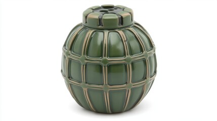 Close up view of a dark green ceramic orb with a latticed design, set against a plain white background. The object resembles a stylized grenade.