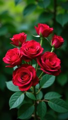Obraz premium A colorful bouquet of red roses against a green leafy landscape, rose, color