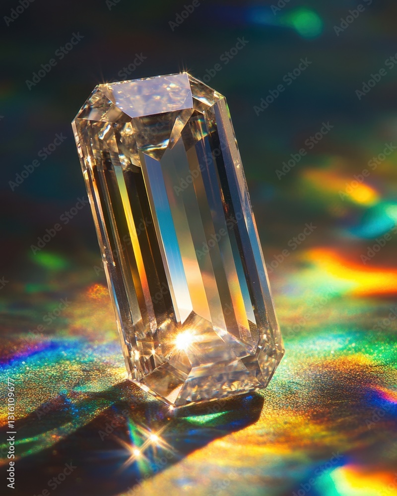 Poster captivating emerald cut diamond reflecting light on iridescent surface creating a dazzling display o