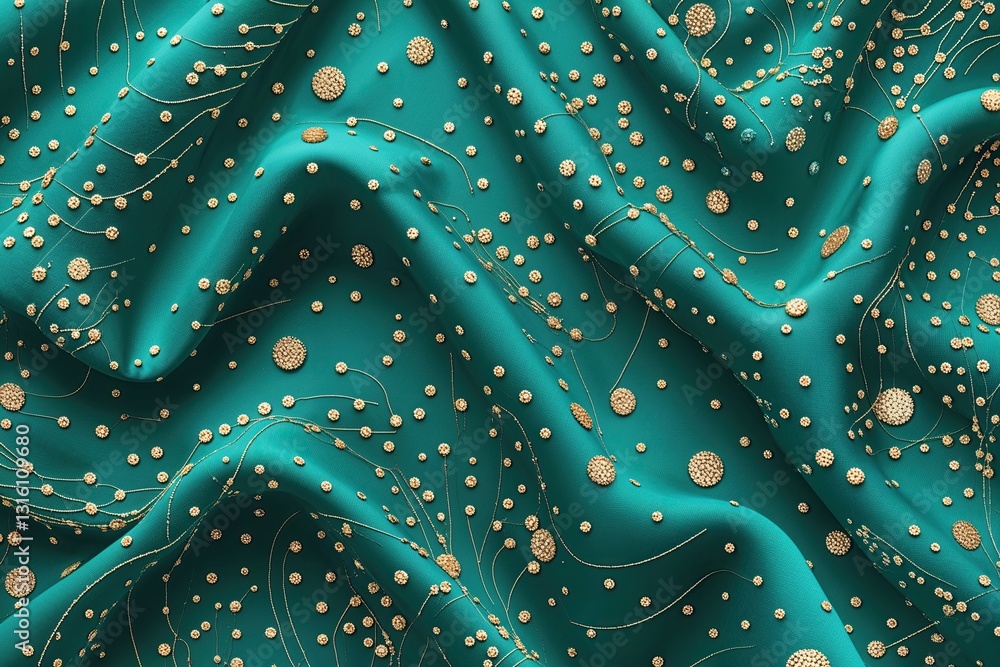 Aufkleber teal fabric background with cascading threads and 3d shimmering dots design