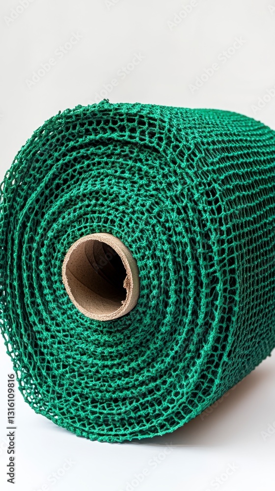 Poster roll of dark green netting, tightly wound around a cardboard core, set against a white background. t