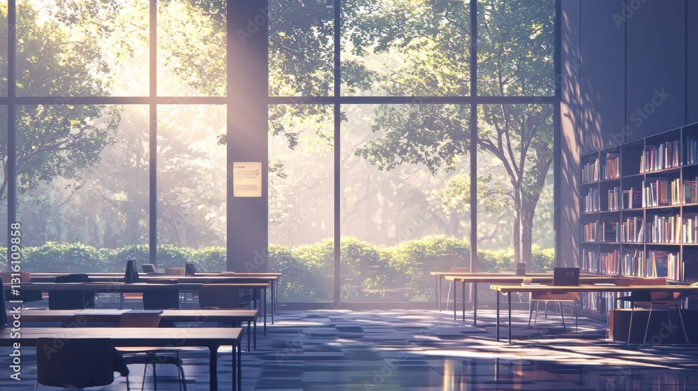Poster Sunlit library with large windows overlooking a lush forest.