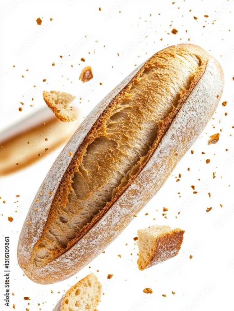 Poster loaf of freshly baked bread with crumbs floating on a white background in a studio setting