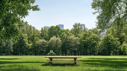Wooden Picnic Bench on Green Lawn with Lush Trees and Buildings on a Sunny Day