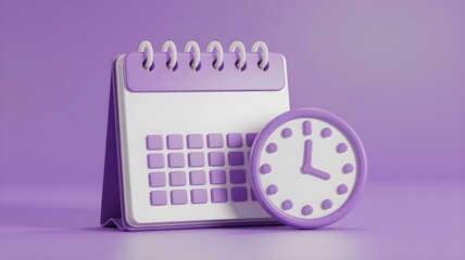 3D render of a calendar and clock on a purple background. The calendar is white with a purple top and white rings