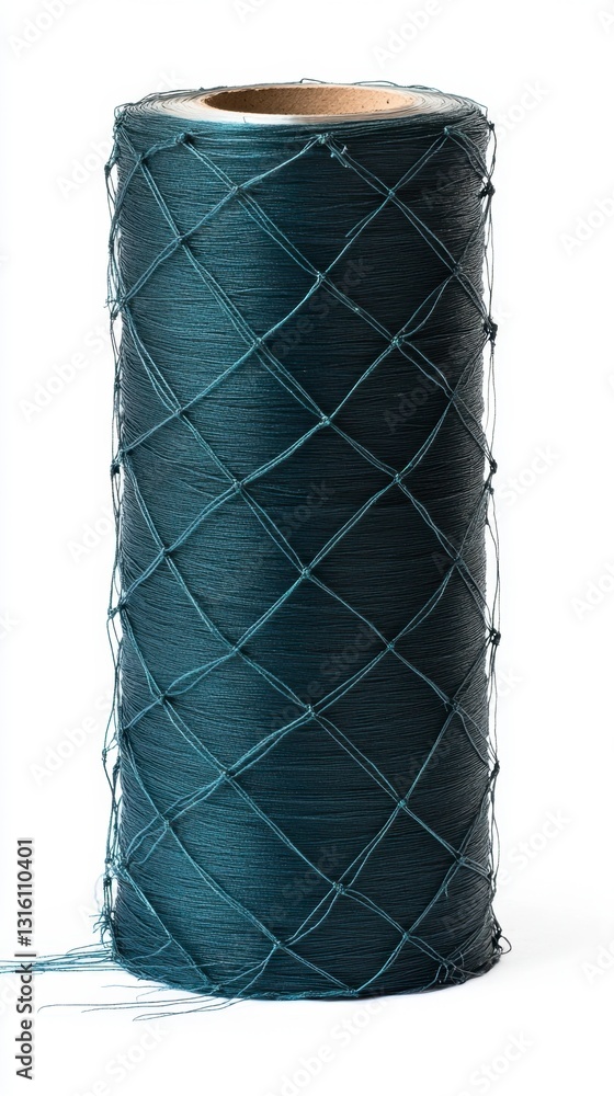 Poster Dark teal wire mesh roll on white background. The mesh has a diamond pattern. Some loose wire is visible at the bottom.
