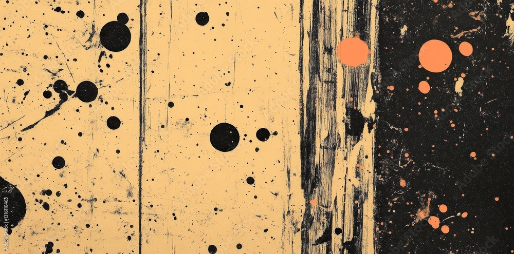 Poster black ink stains and drips on a grunge textured background to create an artistic and abstract compos