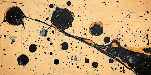 Grunge ink splatters are dispersed across aged vintage paper, imparting raw artistic texture with a weathered, nostalgic visual effect