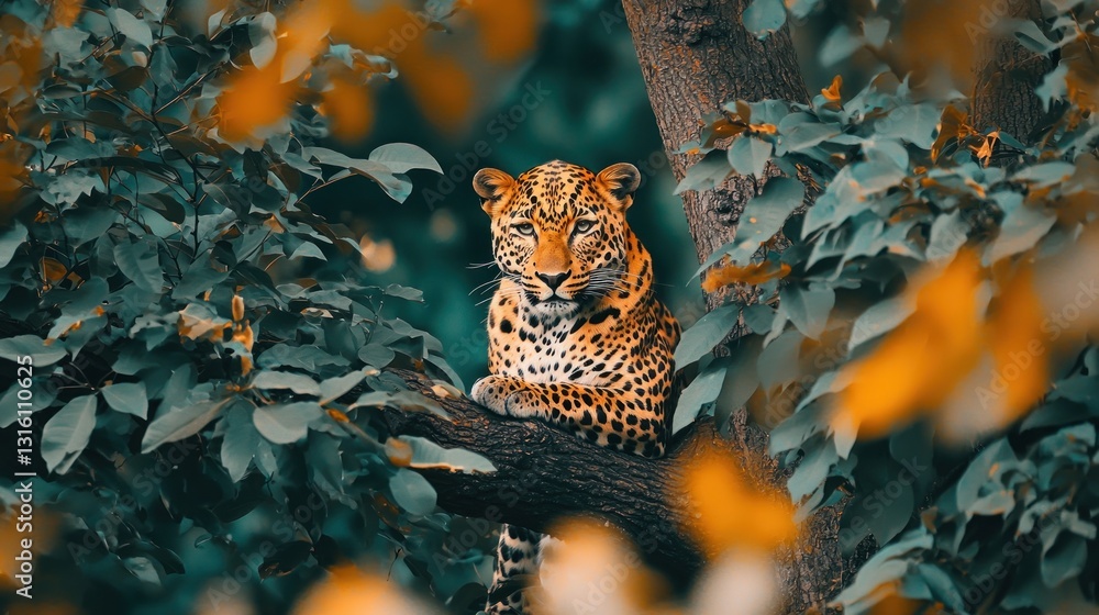 Poster majestic leopard resting on tree branch in lush foliage.