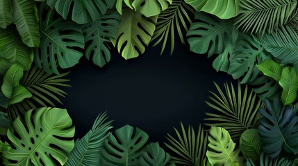 Fototapeta premium Lush Green Tropical Leaves Frame on Dark Background