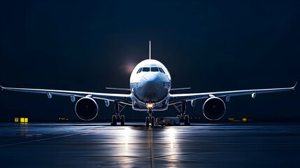 Fototapeta premium Dramatic Low Light Front View of a Modern White Passenger Airplane on a Wet Tarmac at Night Ready for Takeoff