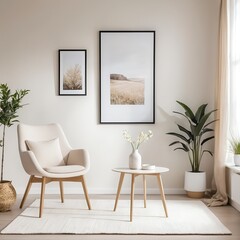 Minimalist Living Room Interior with Beige Armchair and Natural Decor