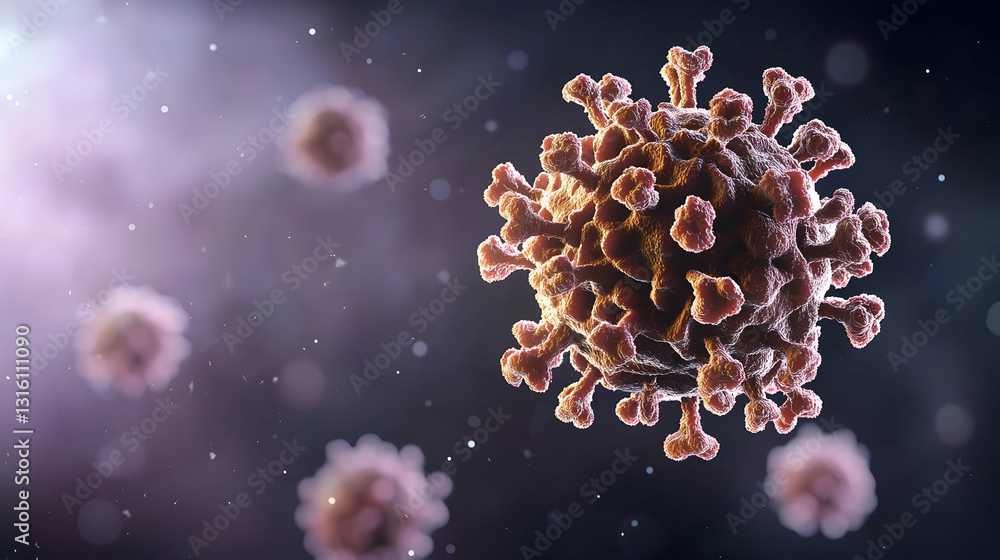 Aufkleber microscopic view of coronavirus cells floating in a dark blurred background with particles