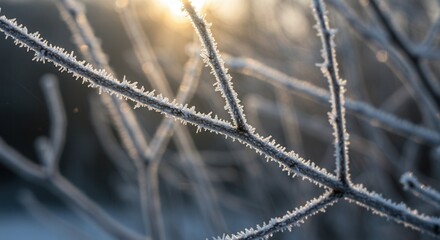 Frozen Tree Branches with Ice Crystals and Sunlight in Winter