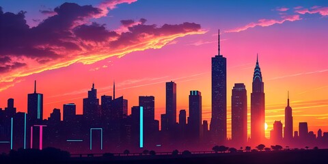 city skyline at sunset