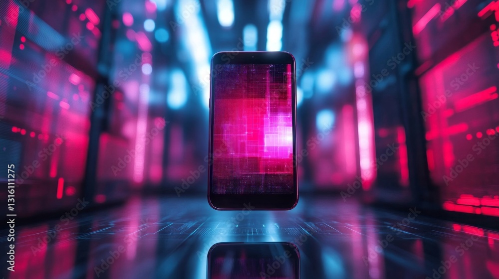 Poster A smartphone floats in a mesmerizing environment filled with vibrant neon lights. Its screen glows with a digital display while colorful reflections dance around